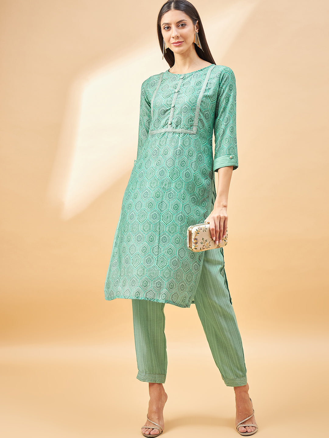 Sea Green Cotton Blend Printed Straight Kurta Trouser