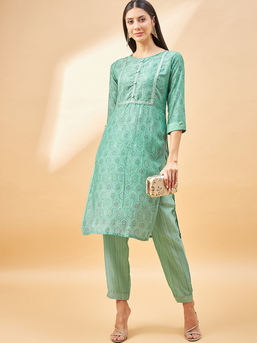 Sea Green Cotton Blend Printed Straight Kurta Trouser