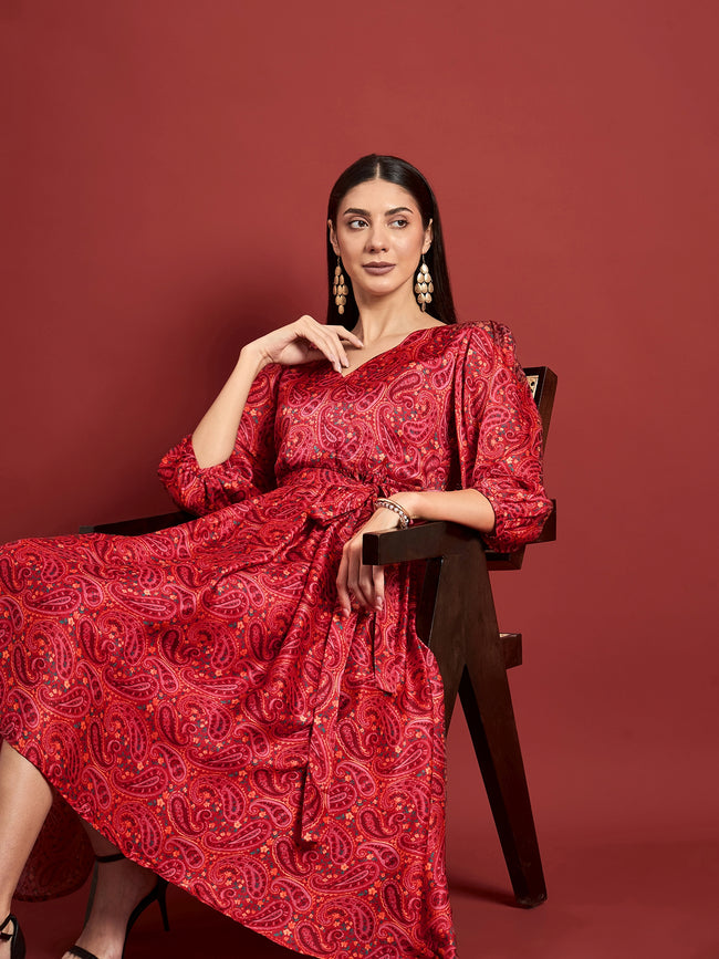 Pink Polyester Printed Puff Sleeves Ethnic Motifs Dress