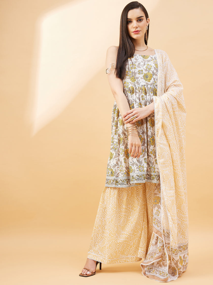Mustard Pure Cotton Printed Peplum Kurta Palazzo