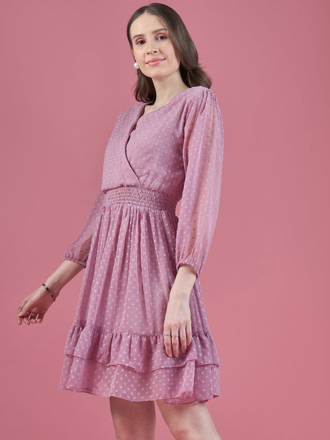 Lavender Georgette Embroidered Puff Sleeves Self Design Dress