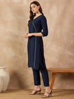 Navy Blue  Art Silk Solid A-Line Kurta Trouser