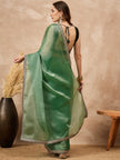 Green Satin Solid with Embroidered Border Saree with Unstitched Blouse