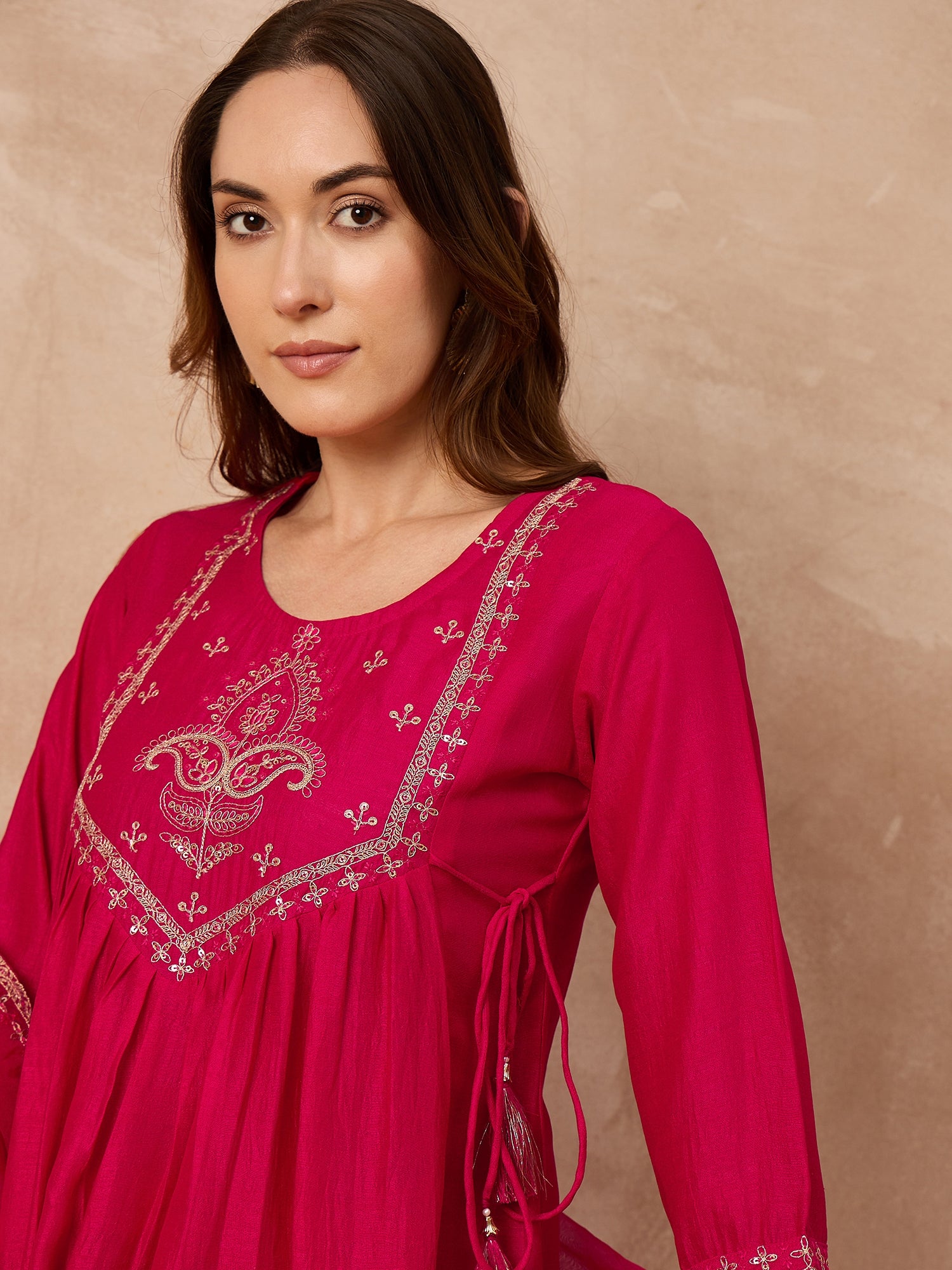 Pink  Silk Blend Embroideried A-Line Kurta Trouser