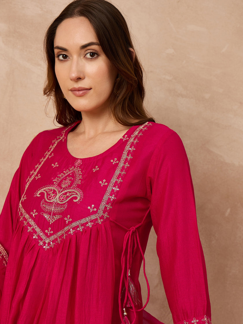 Pink  Silk Blend Embroideried A-Line Kurta Trouser