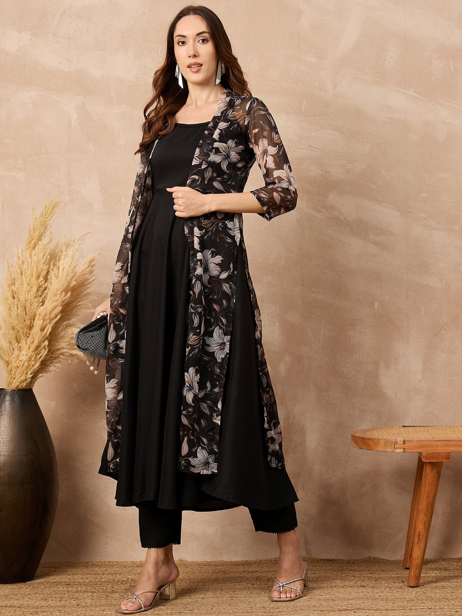 Black Silk Blend Solid A-Line Kurta Trouser With Floral Print Shrug
