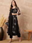 Black Silk Blend Solid A-Line Kurta Trouser With Floral Print Shrug