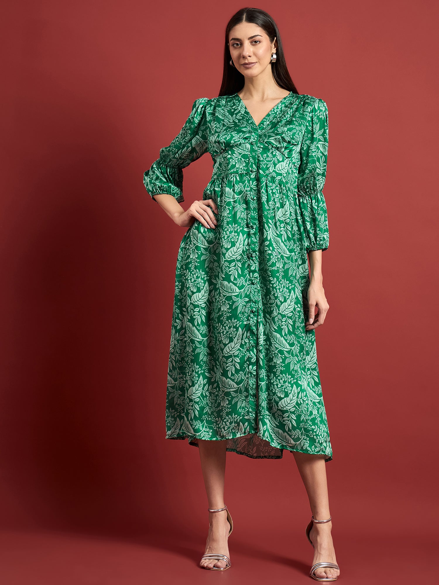 Green Polyester Printed Puff Sleeves Floral Dress