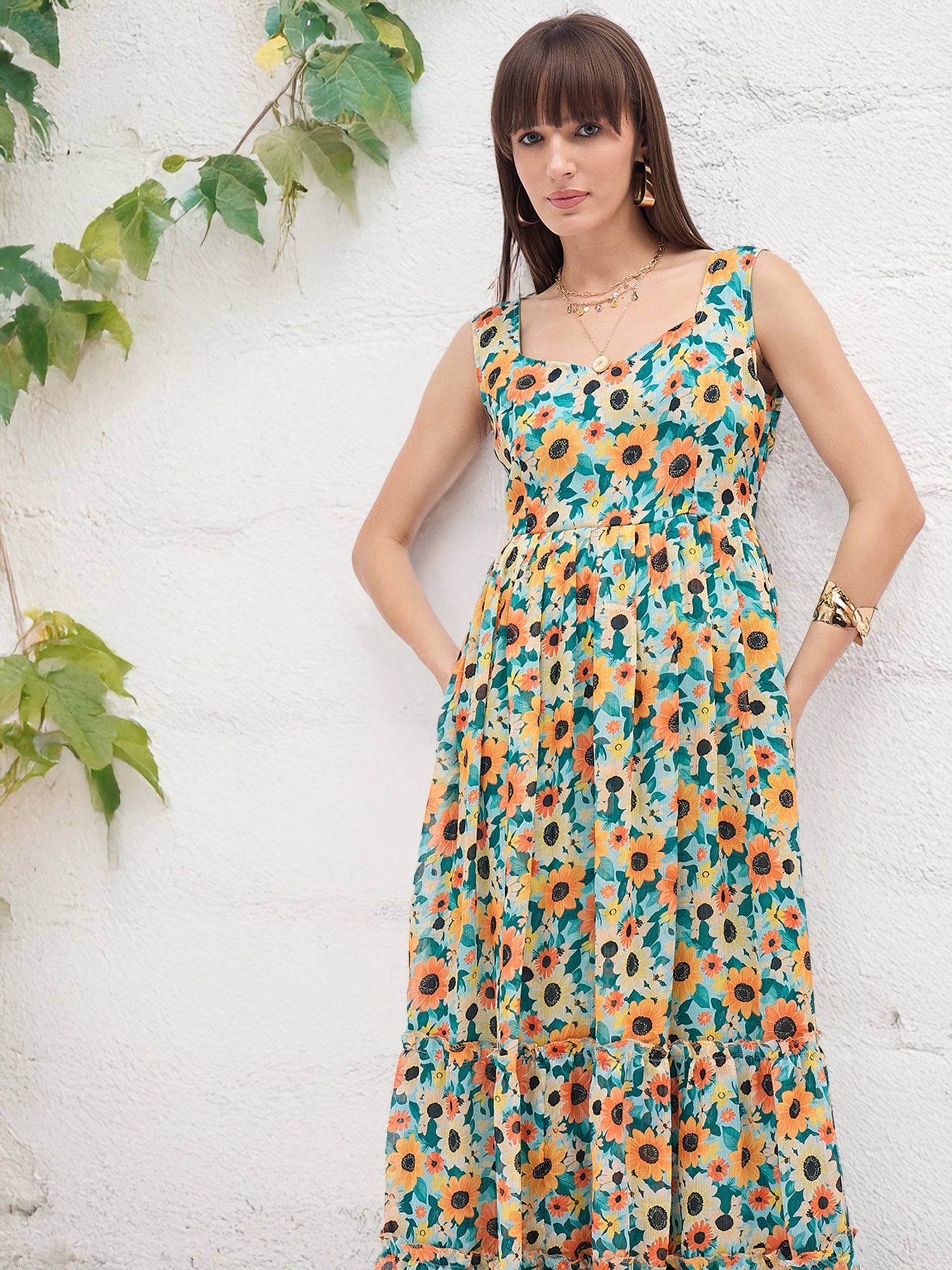 Multi Polyester Printed No Sleeves Floral Dress