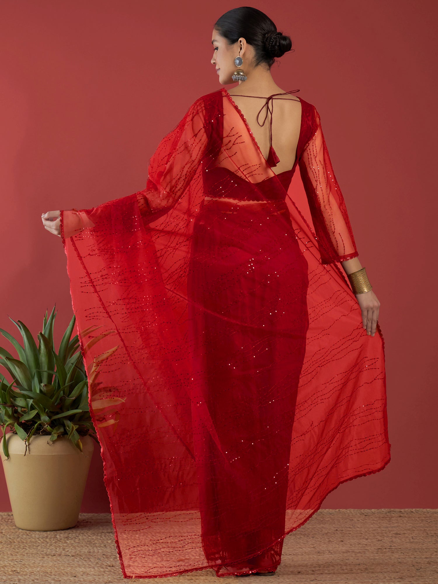 Red Net  Sequinned with Embllished Border Saree with Unstitched Fancy Blouse
