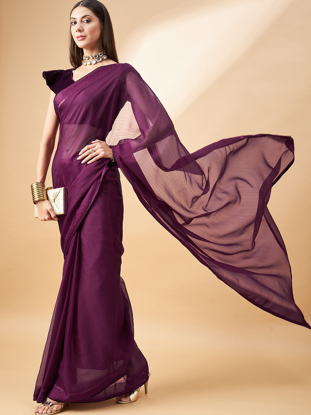 Wine Pure Chiffon Solid  Saree with Unstitched Fancy Blouse