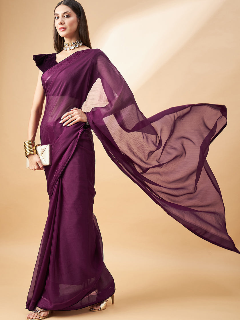 Wine Pure Chiffon Solid  Saree with Unstitched Fancy Blouse