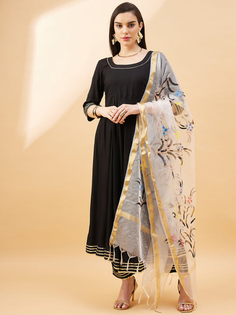 Black Pure Cotton  Printed  Anarkali Kurta  Trouser