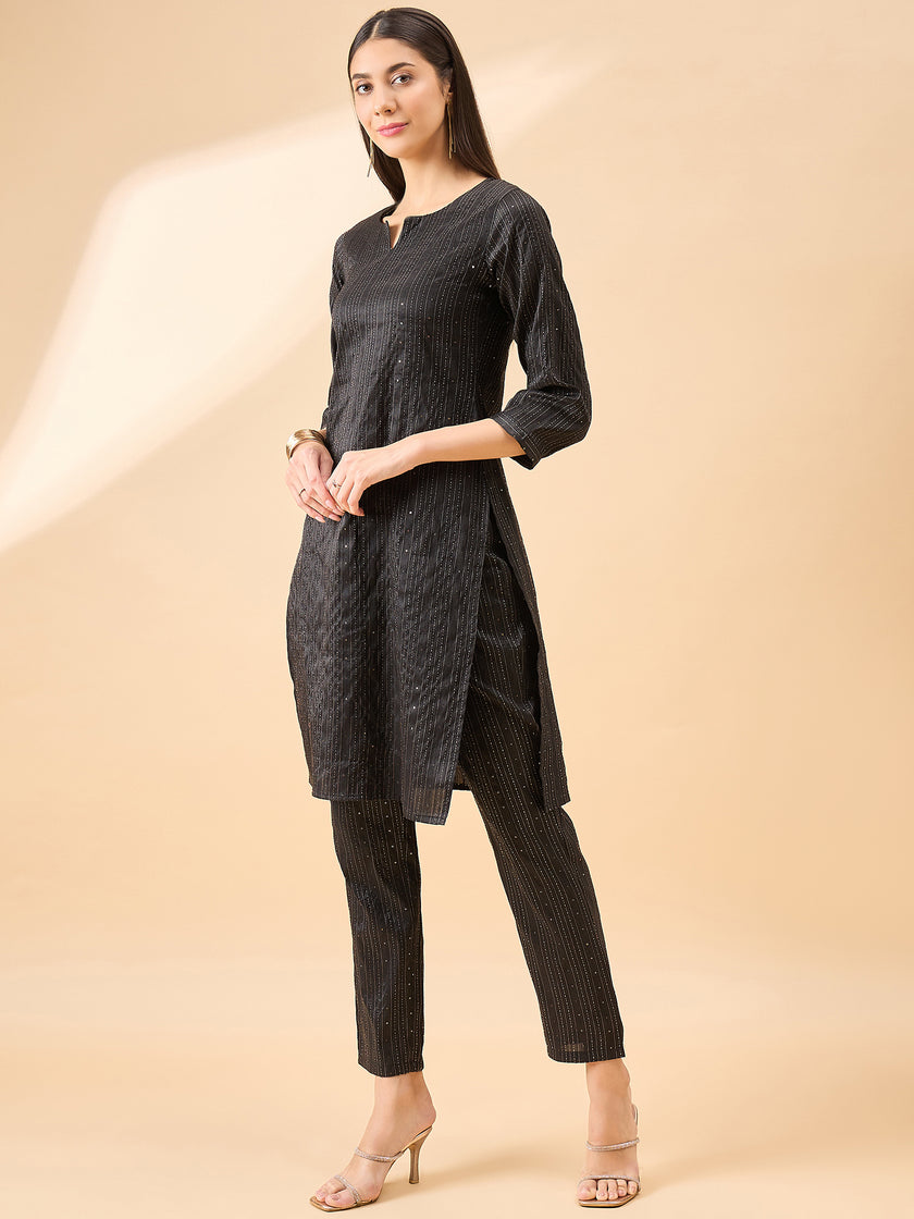 Black  Silk Blend Embroideried A-Line Kurta  Trouser
