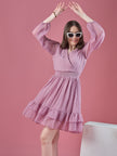 Lavender Georgette Embroidered Puff Sleeves Self Design Dress