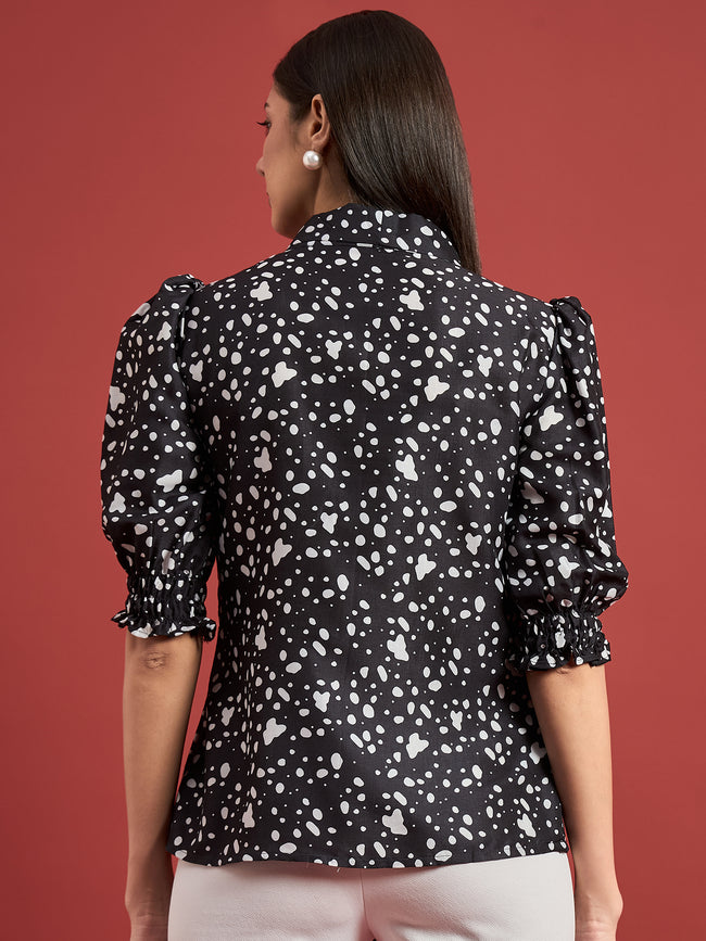 Black Polyester Printed Tie-Ups Puff Sleeves Abstract Tops