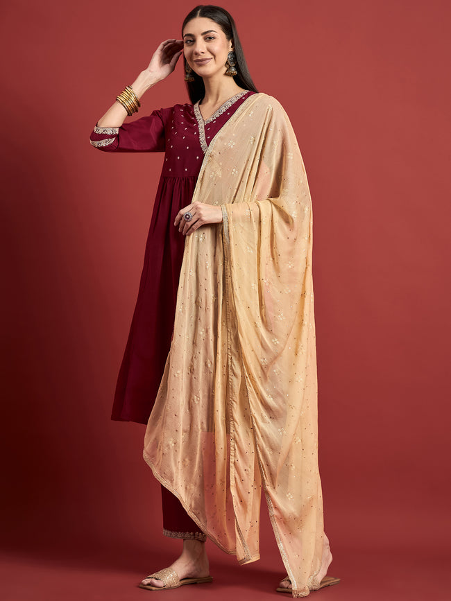 Maroon Embroideried Anarkali Kurta  Trouser