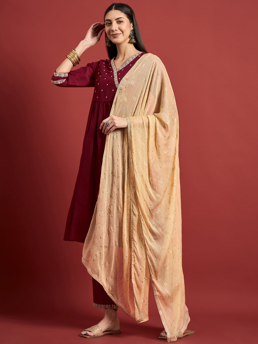 Maroon Embroideried Anarkali Kurta  Trouser
