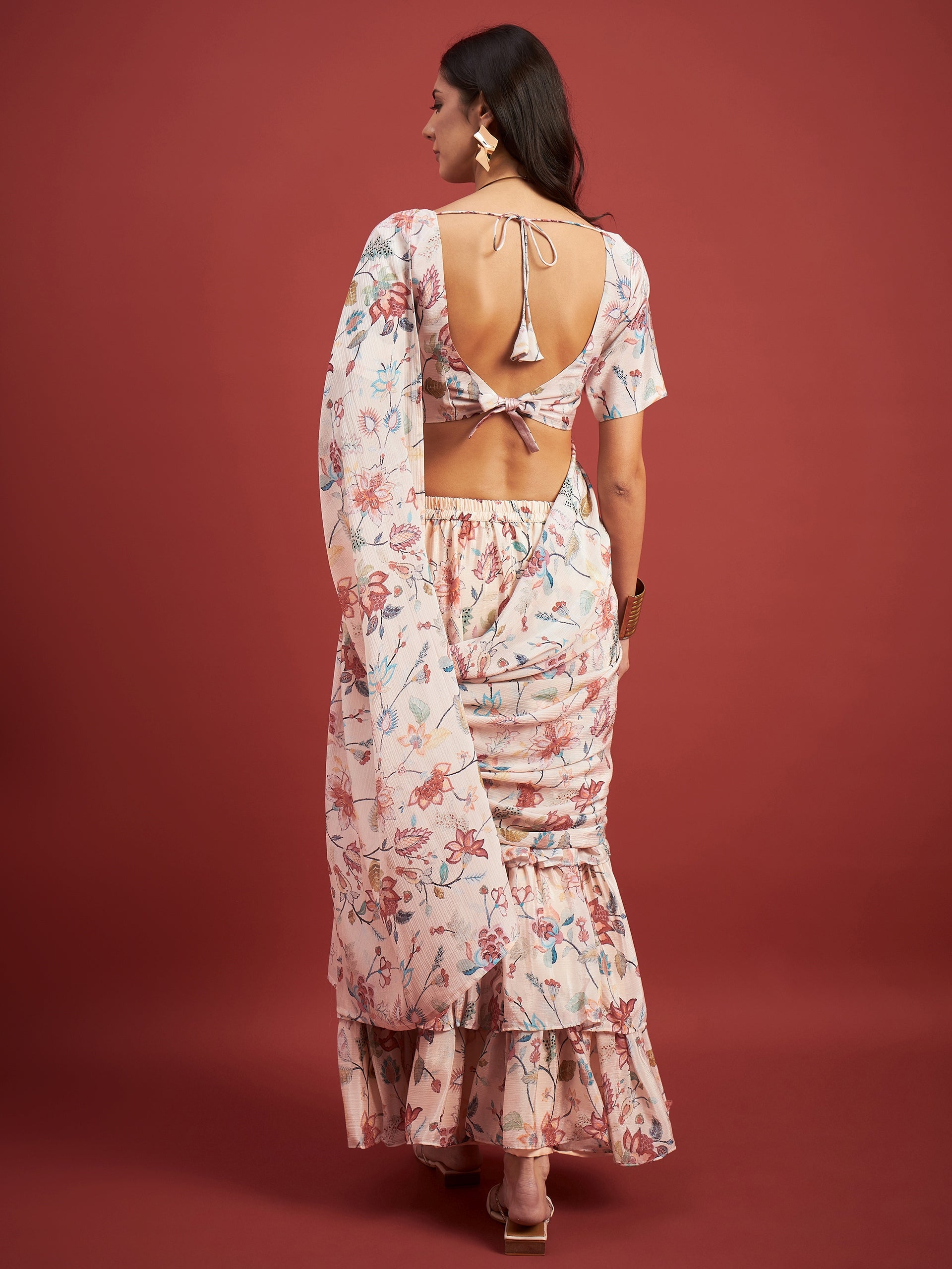 Off White Chinon Floral Print With Frills Ready to Wear Saree with Unstitched Fancy Blouse