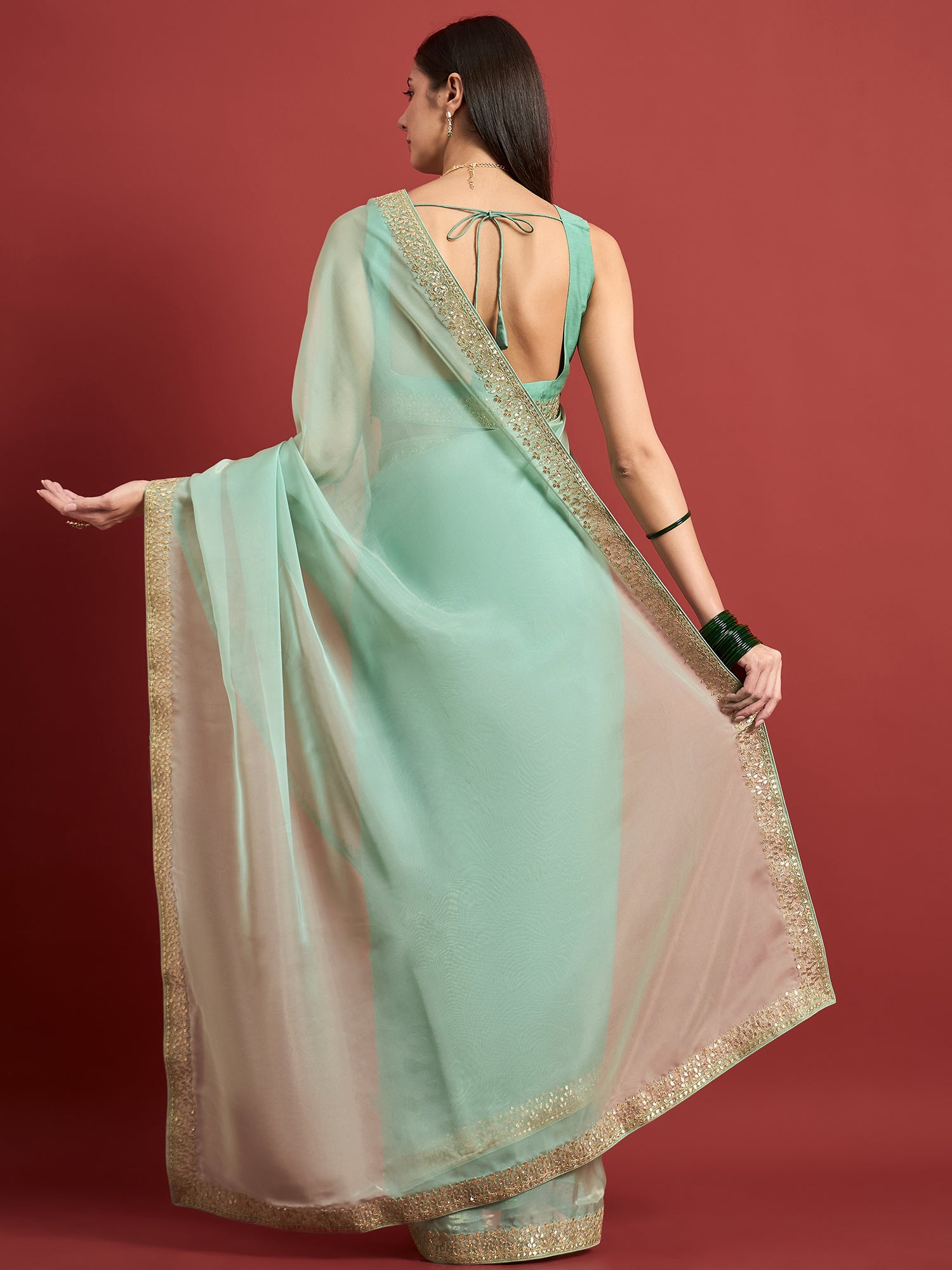 Green Organza Solid With Gotta Patti Border Saree with Unstitched Fancy Blouse