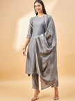 Grey Pure Cotton Solid A-Line Kurta Trouser  With Dupatta
