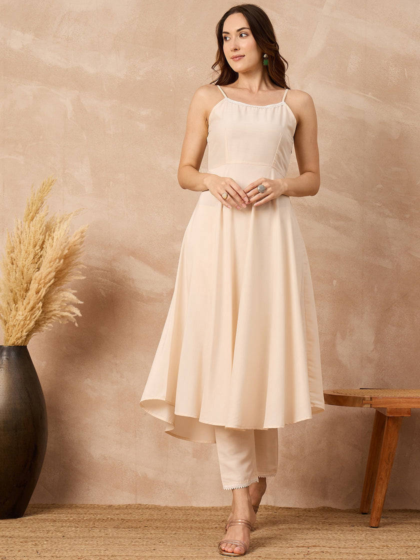 Off-White Silk Blend Solid A-Line Kurta Trouser With Floral Print Shrug