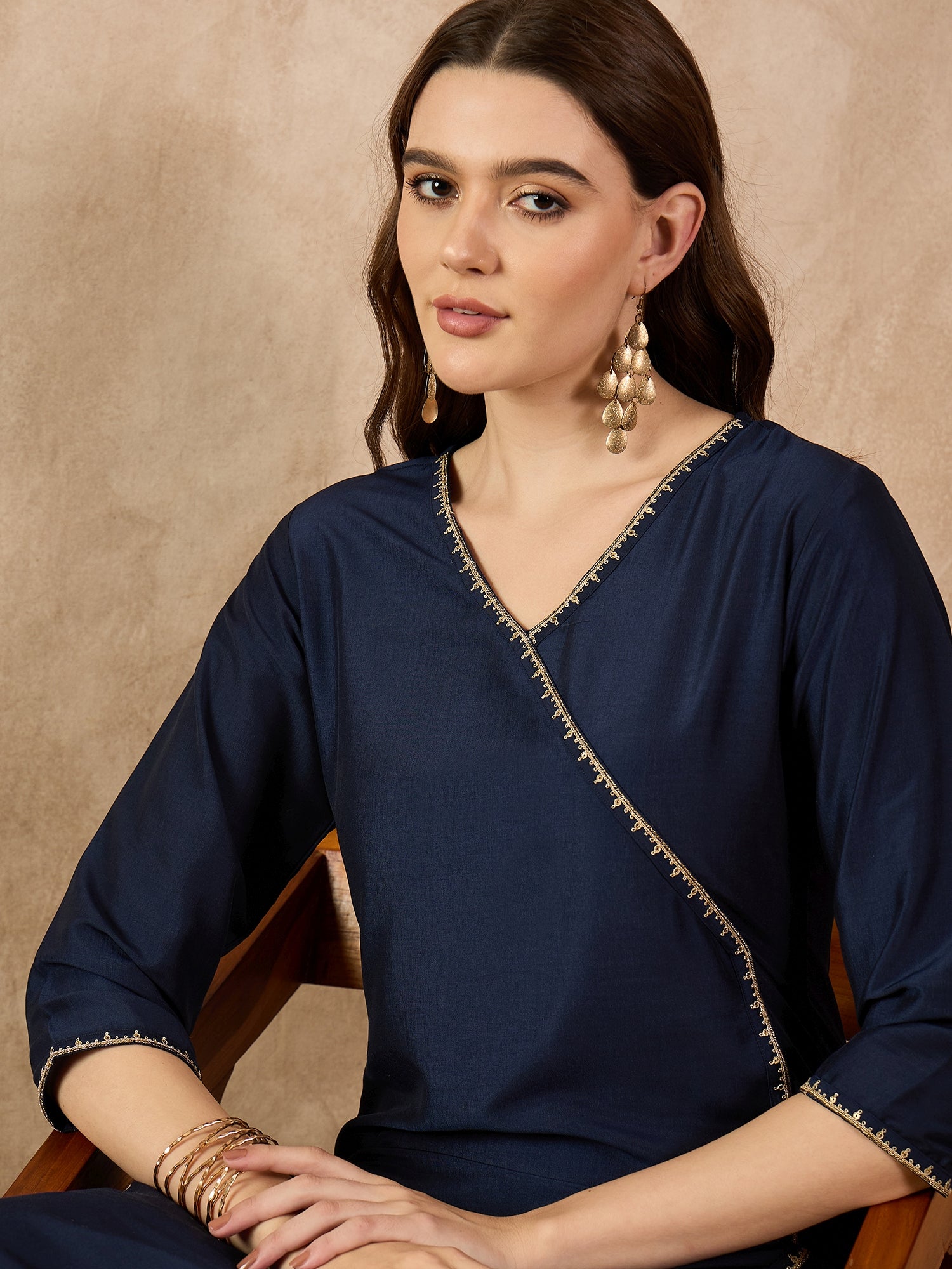 Navy Blue  Art Silk Solid A-Line Kurta Trouser