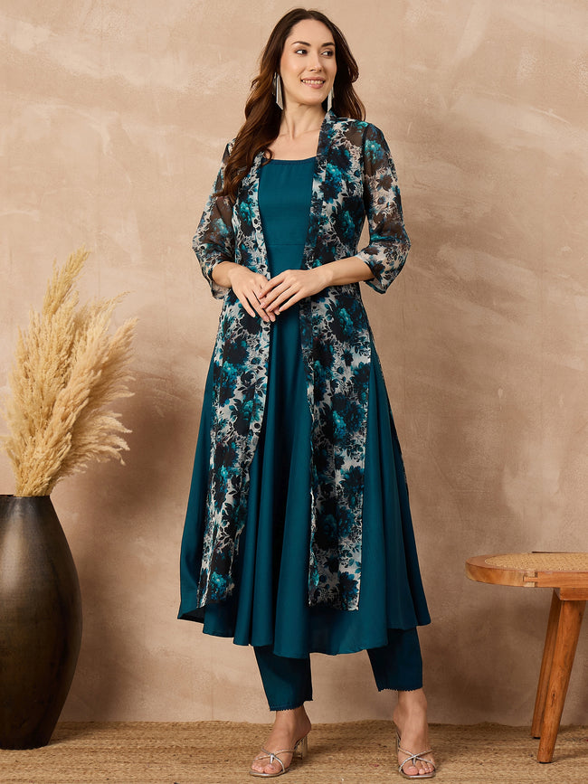 Teal Silk Blend Solid A-Line Kurta Trouser With Floral Print Shrug