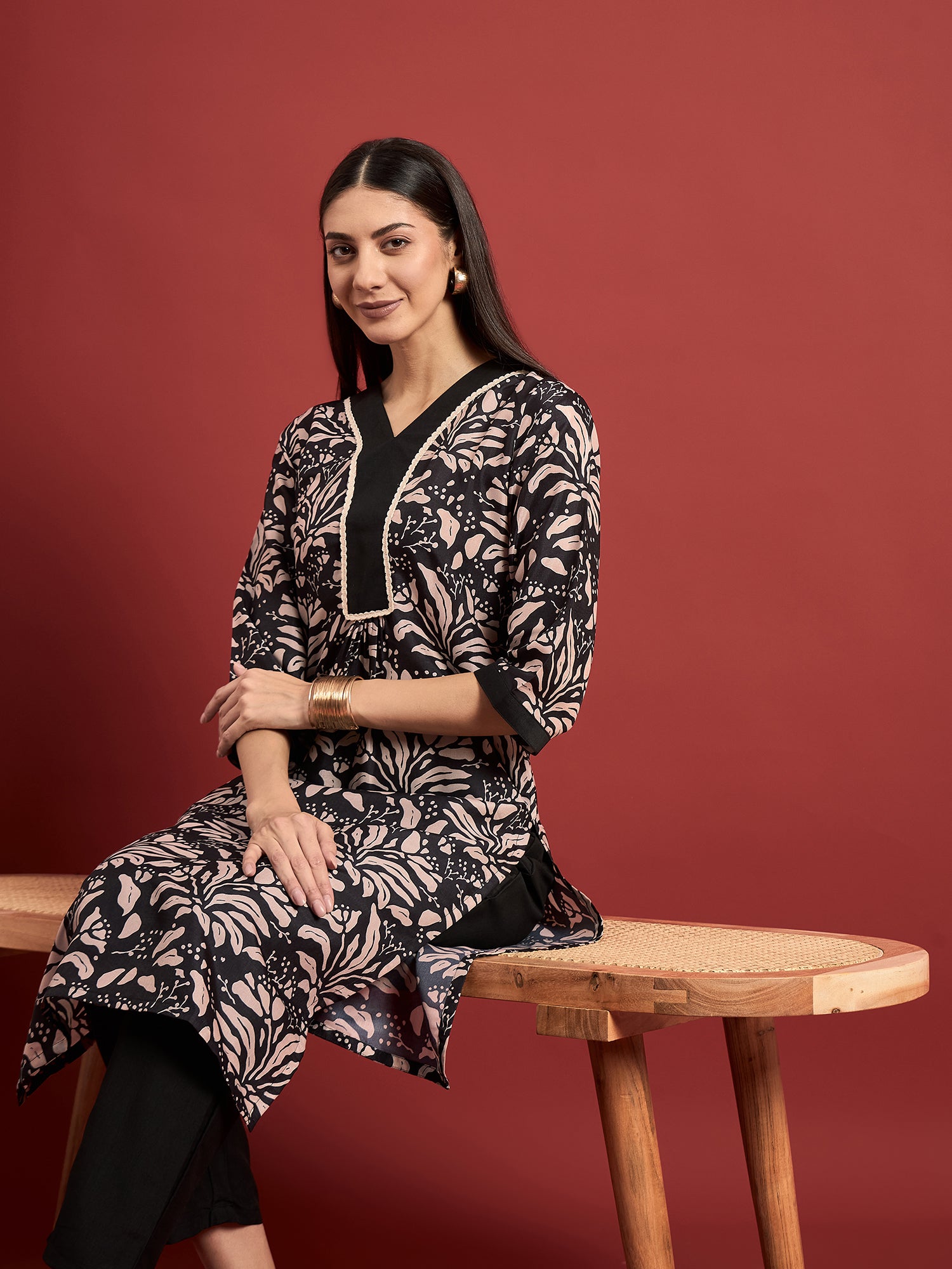 Black  Polyester Printed A-Line Kurta  Palazzo