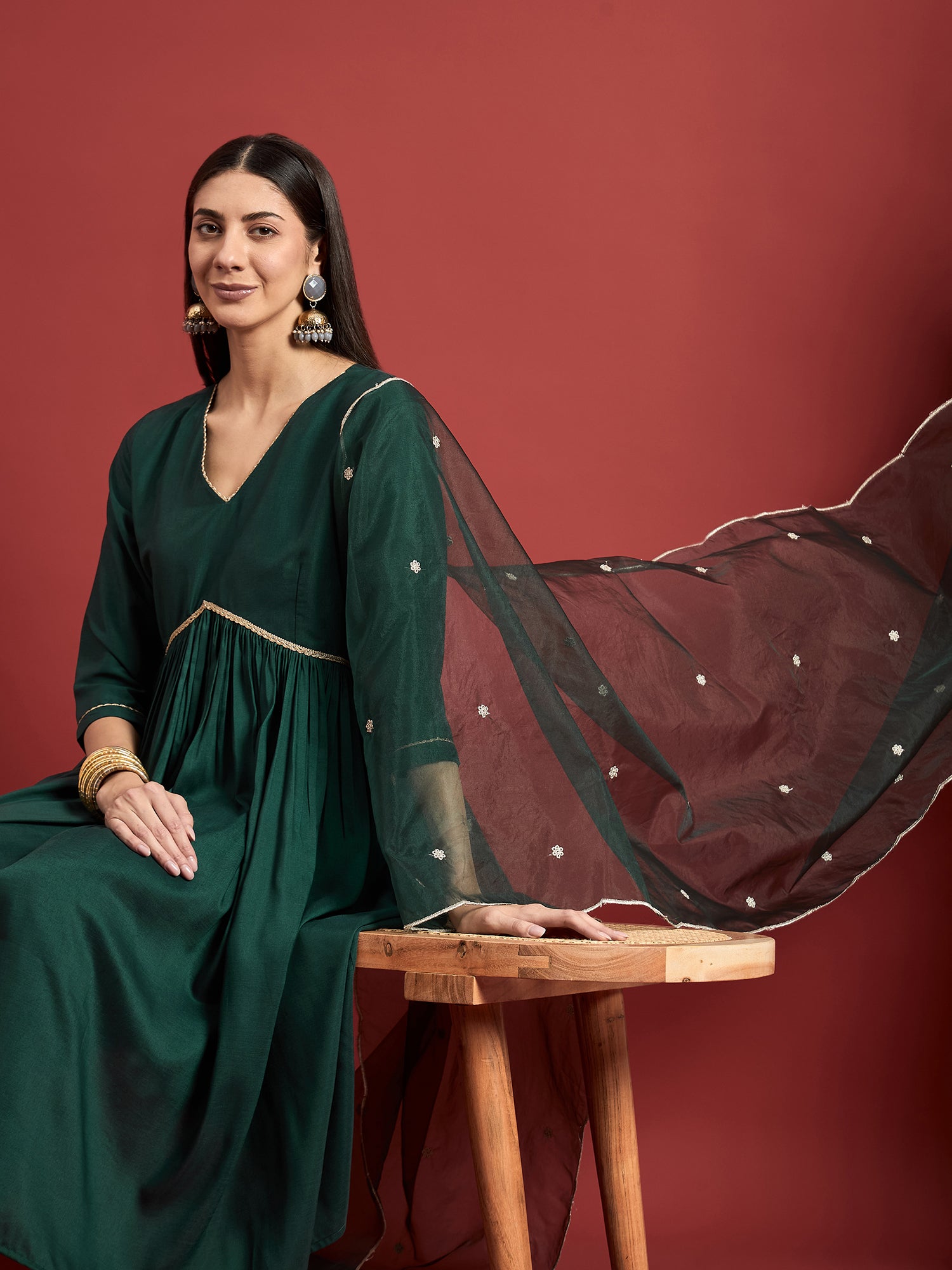 Green  Chinon Embroideried Anarkali Kurta  Trouser