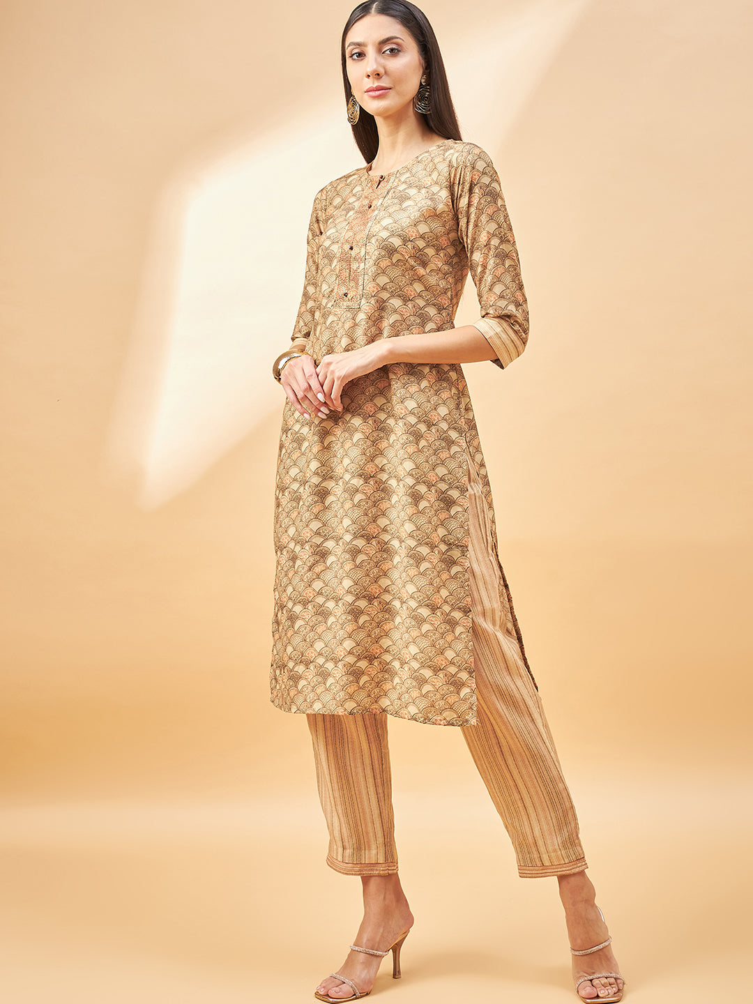Beige Cotton Blend Printed Straight Kurta Trouser