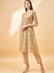 Beige Cotton Blend Printed Straight Kurta Trouser