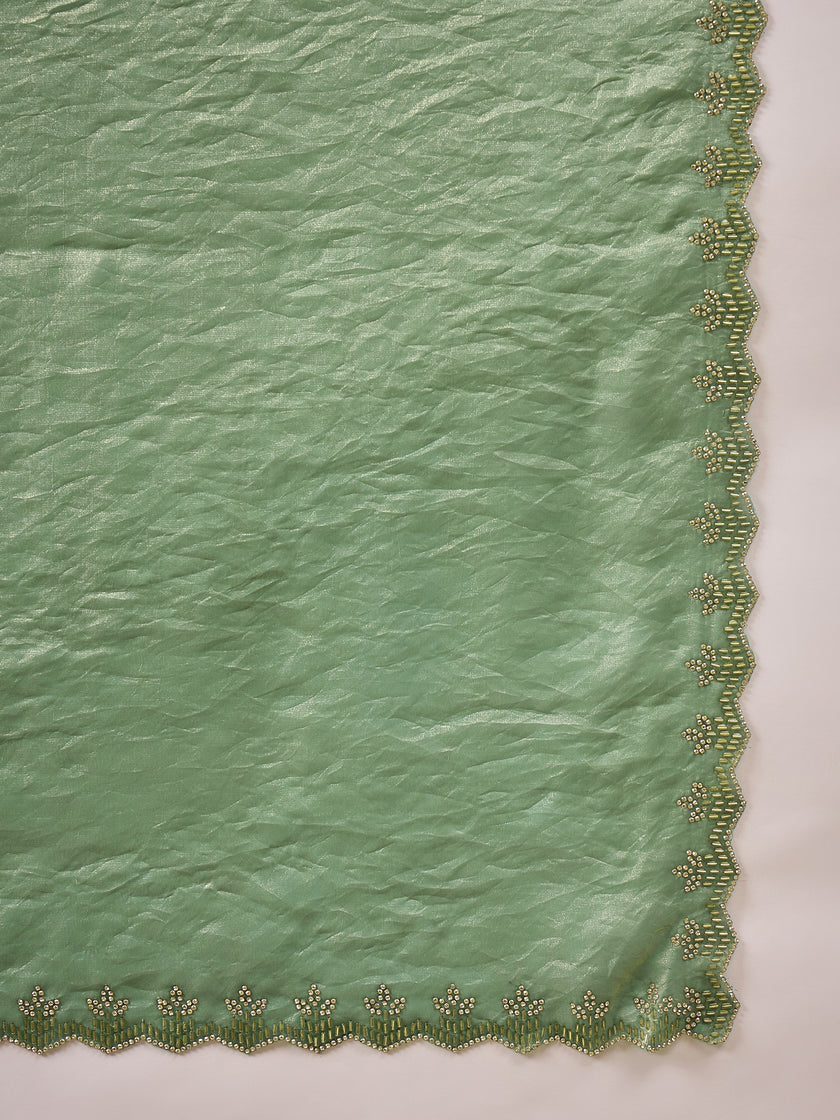 Pista Satin Solid With Stone Work Border Saree with Unstitched Blouse