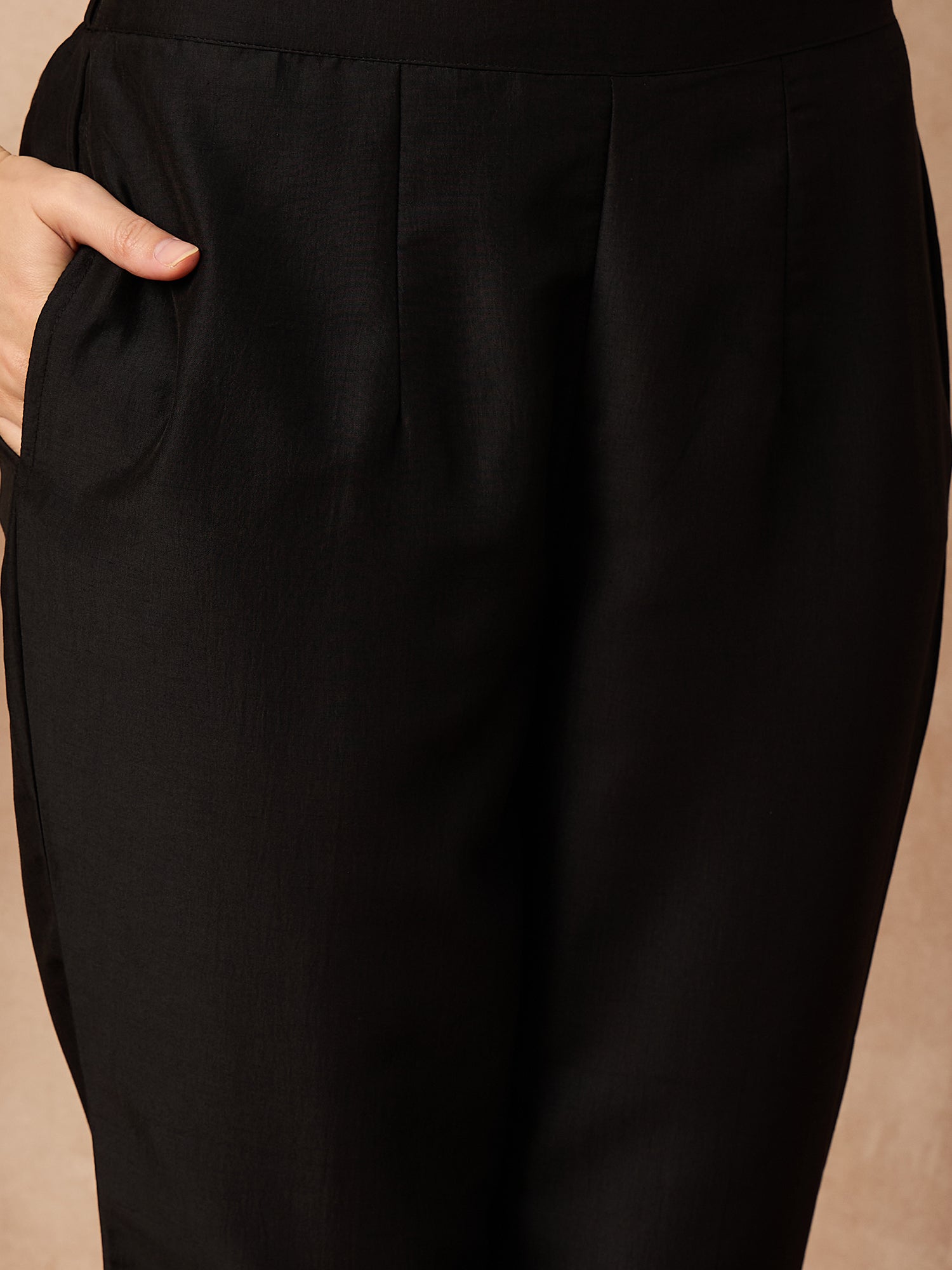 Black Silk Blend Solid A-Line Kurta Trouser With Floral Print Shrug