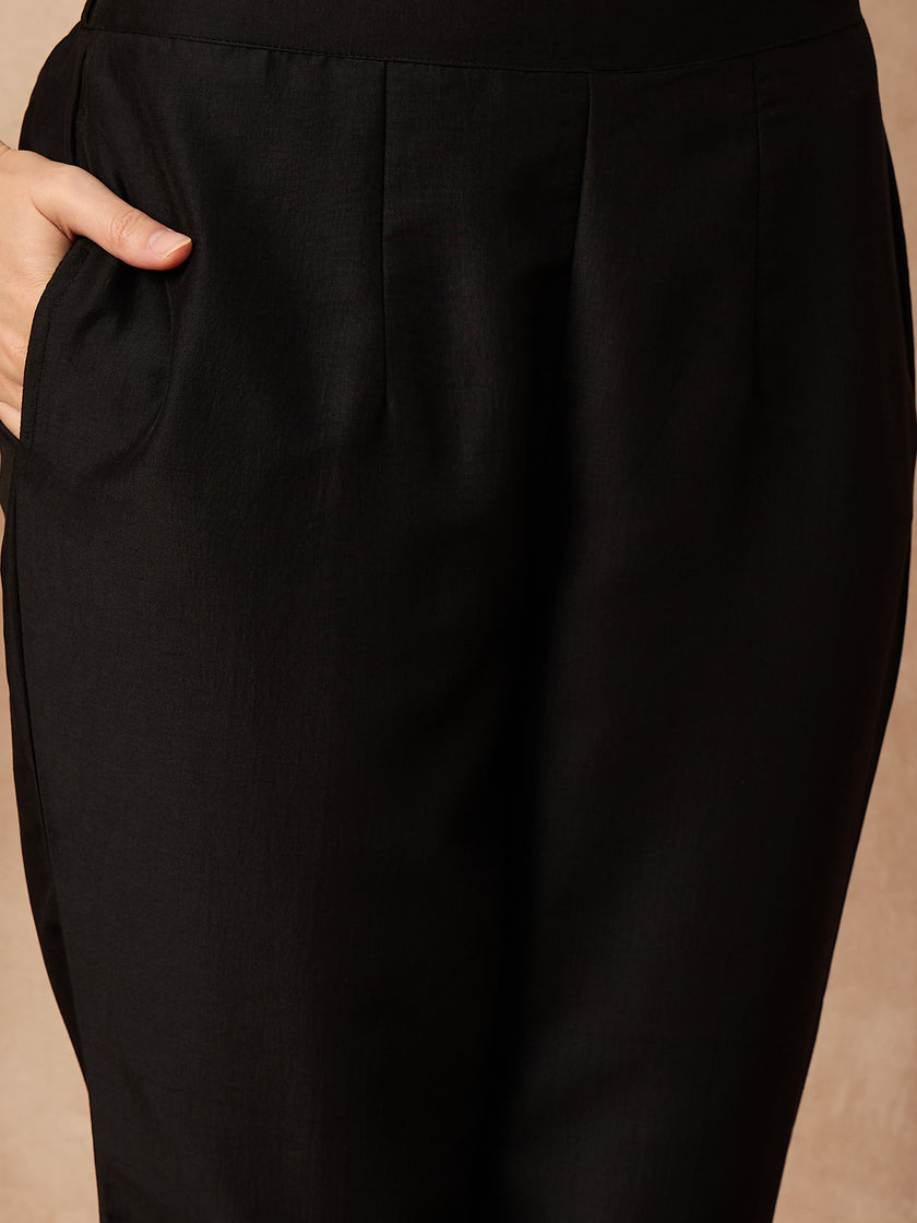 Black Silk Blend Solid A-Line Kurta Trouser With Floral Print Shrug