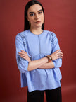 Blue Pure Cotton Embroidered Gathered or Pleated Puff Sleeves Floral Print Tops