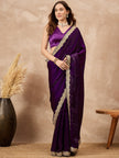 Purple Satin Solid with Coding Cut Work Border Saree with Unstitched Blouse