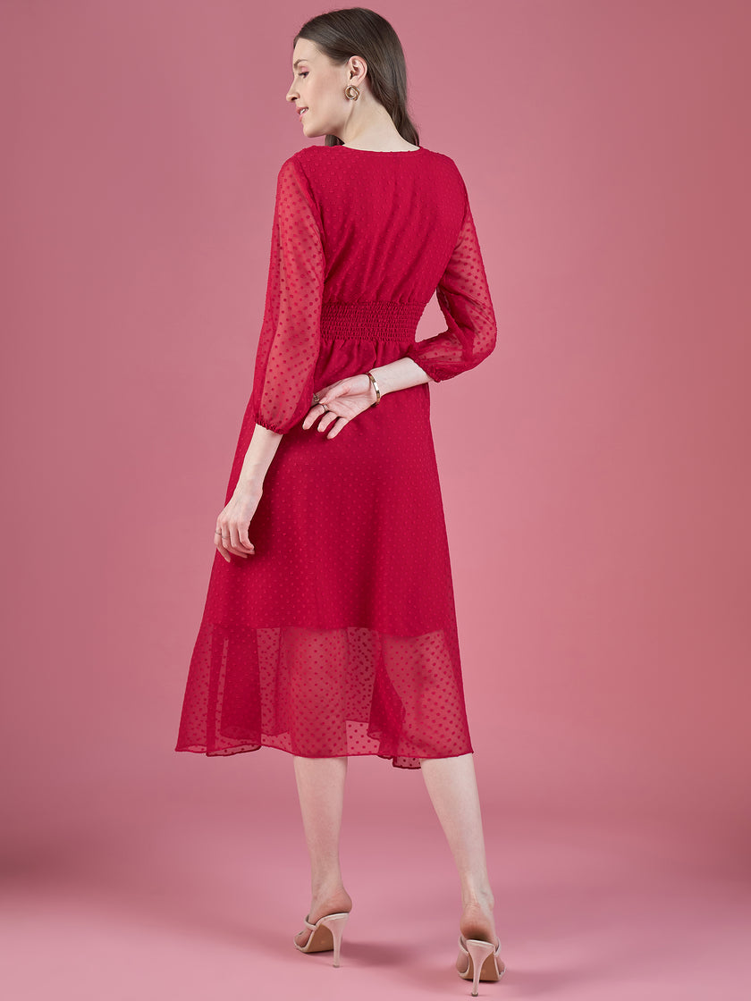 Magenta Georgette Embroidered Puff Sleeves Self Design Dress