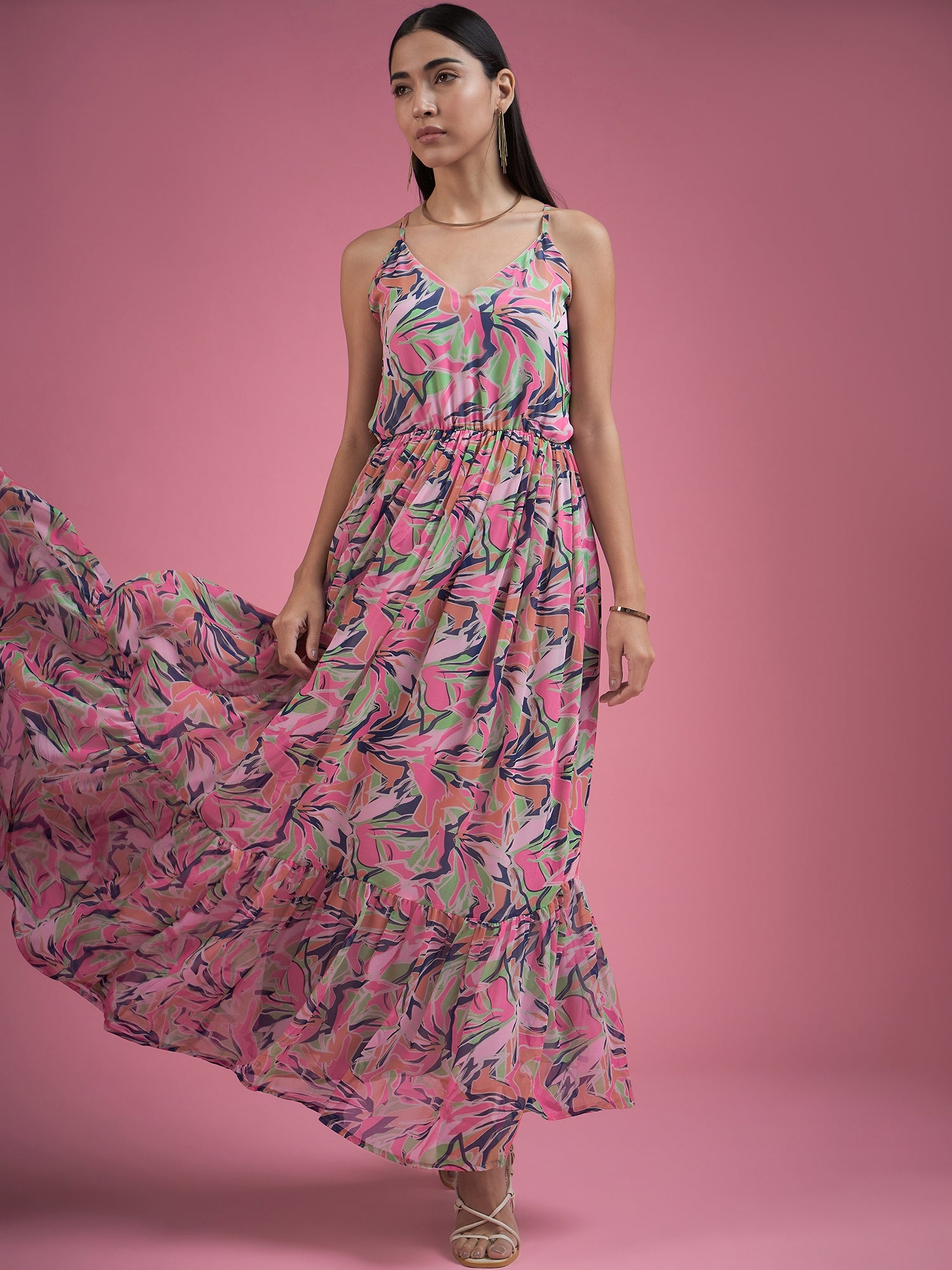 Multicolor Georgette Printed Sleeveless Floral Print Dress