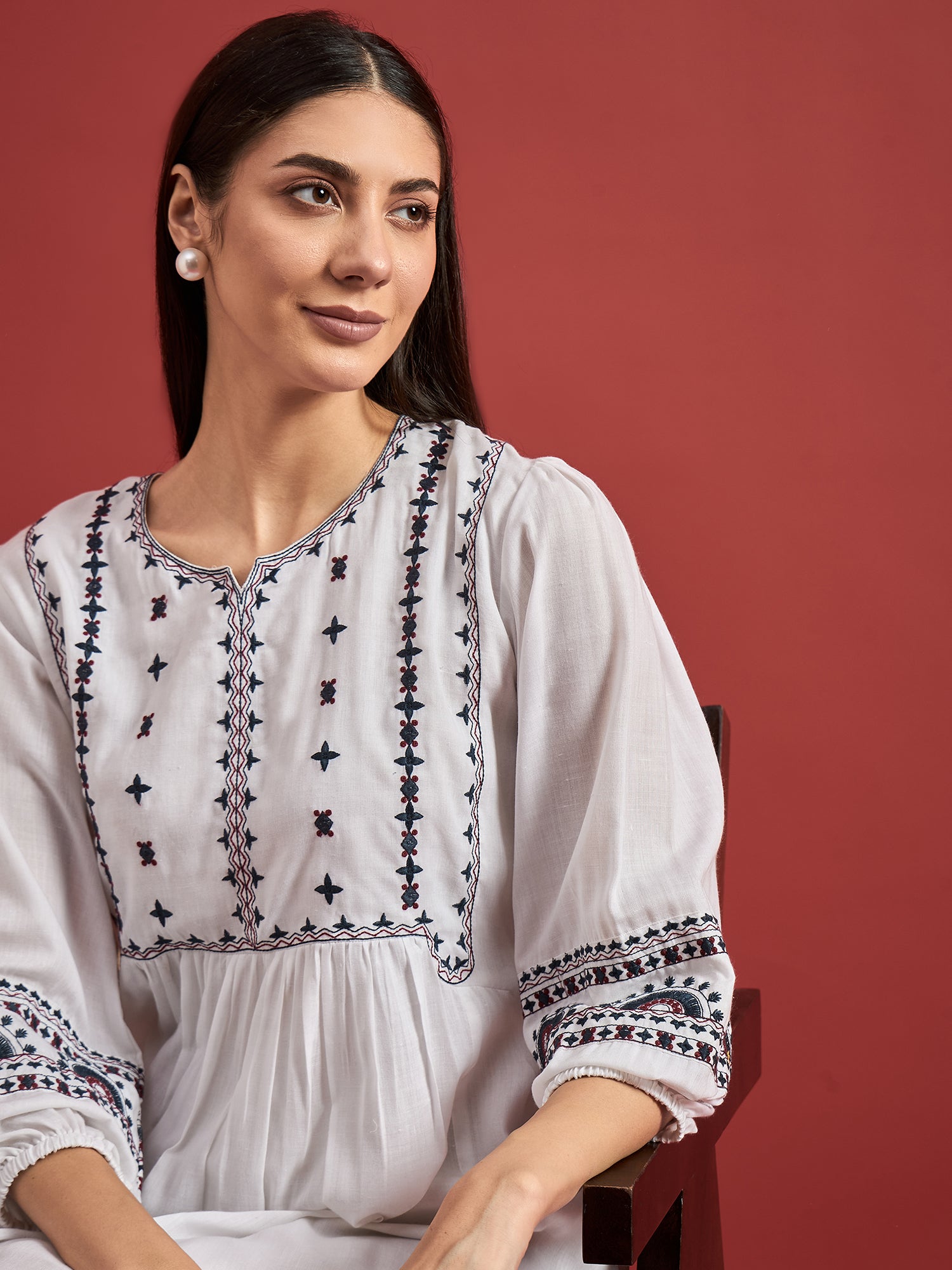 White Cotton Embroidered Puff Sleeves Floral Dress