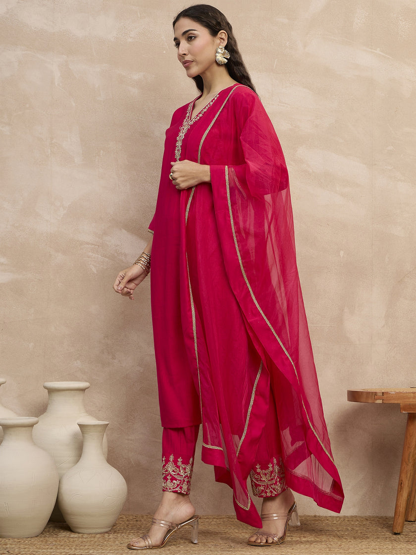 Magenta  Chinon Embroideried Straight Kurta Trouser