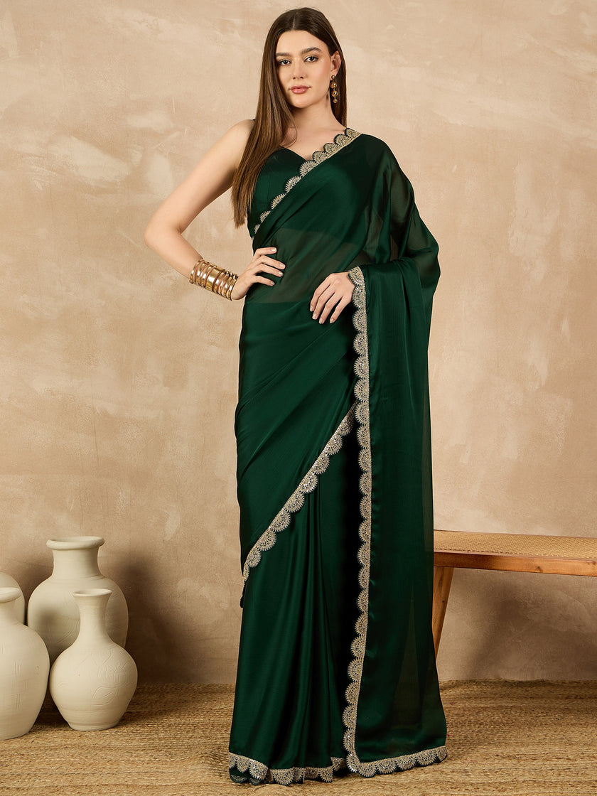 Green Satin Solid With Embellished Lace Saree with Unstitched Fancy Blouse