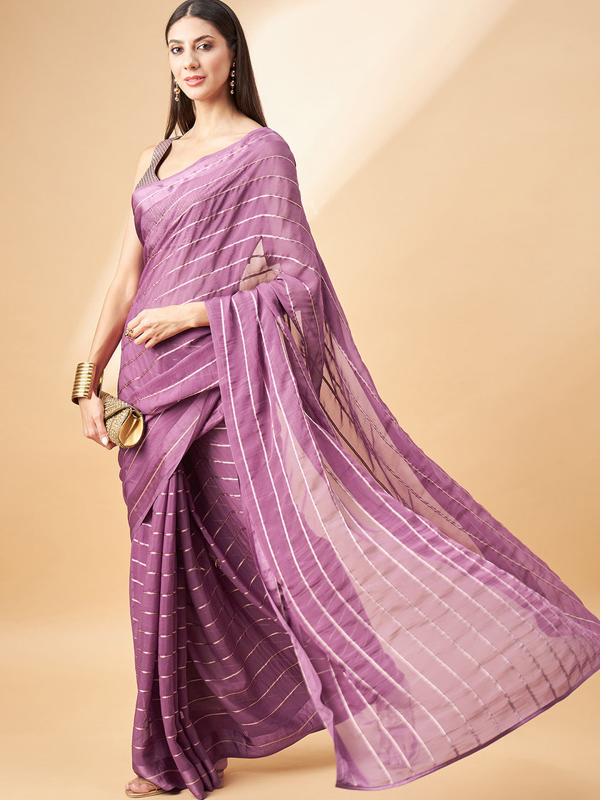 Lavender Chiffon Viscose Stripes Saree with Unstitched Fancy Blouse