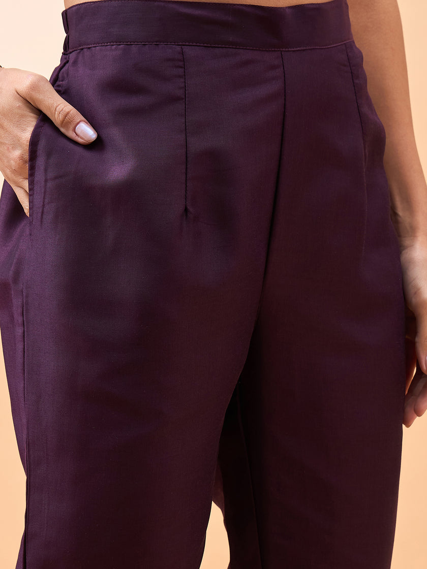 Wine  Silk Blend Embroideried A-Line Kurta  Trouser   With Dupatta