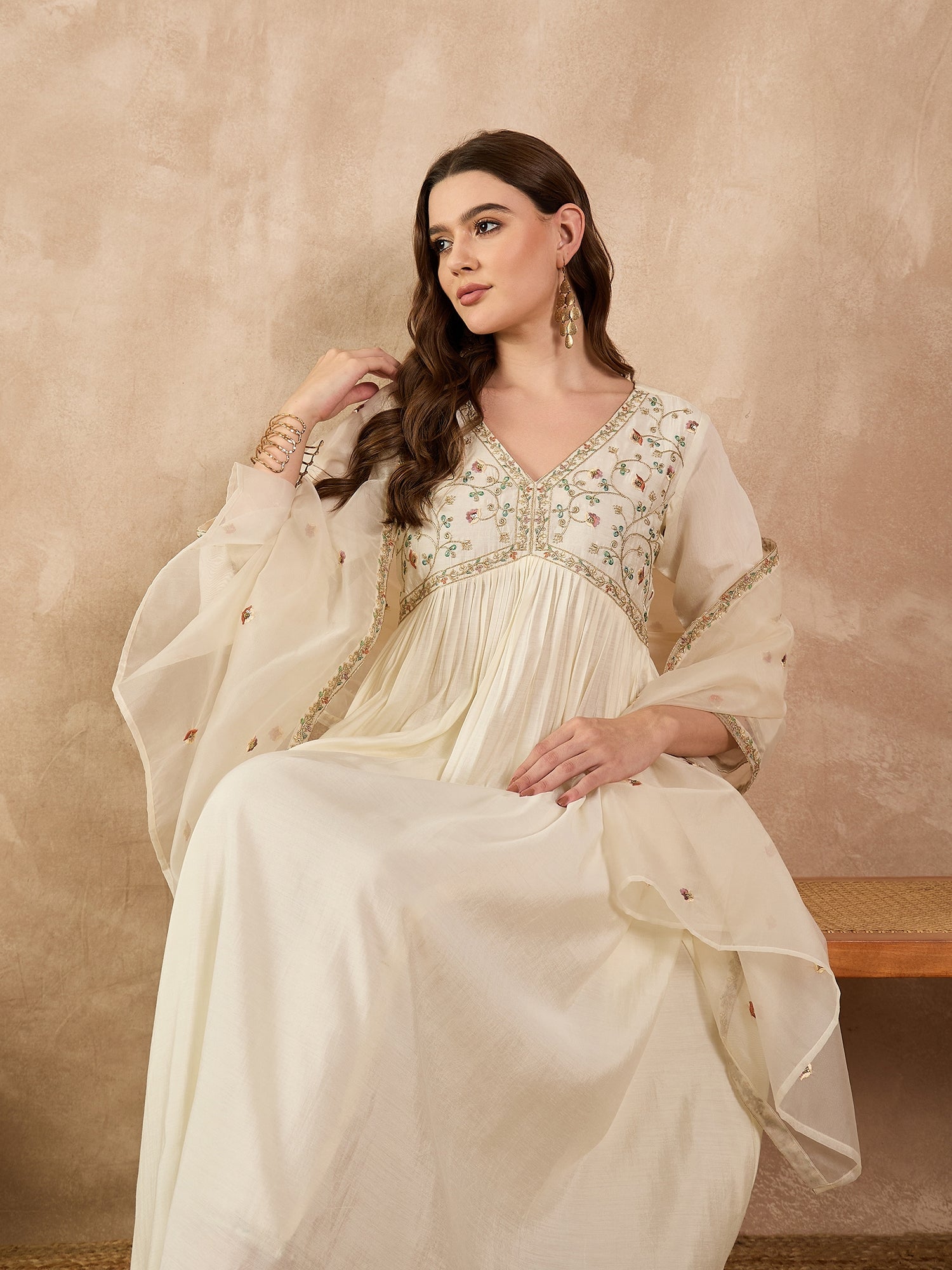 Off White  Silk Blend Embroideried A-Line Kurta Trouser