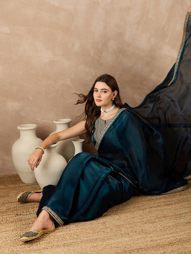 Blue Satin Solid With Sequenced Border Saree with Unstitched Fancy Blouse