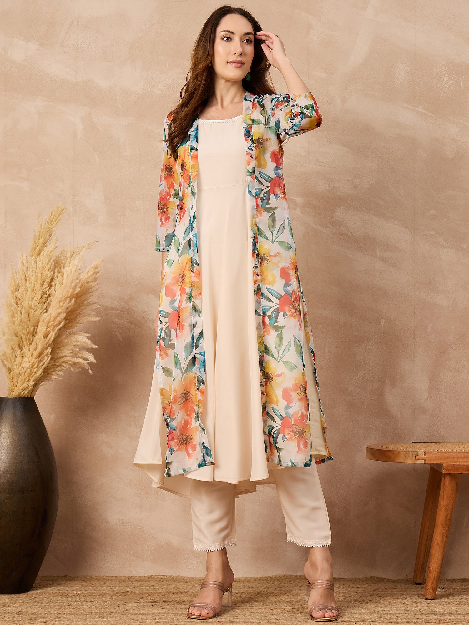 Off-White Silk Blend Solid A-Line Kurta Trouser With Floral Print Shrug