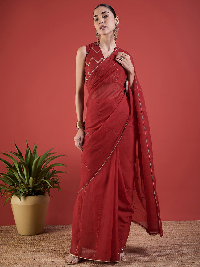 Red Pure Chiffon Sequence Embroidery With Embellished Lace Saree with Unstitched Fancy Blouse
