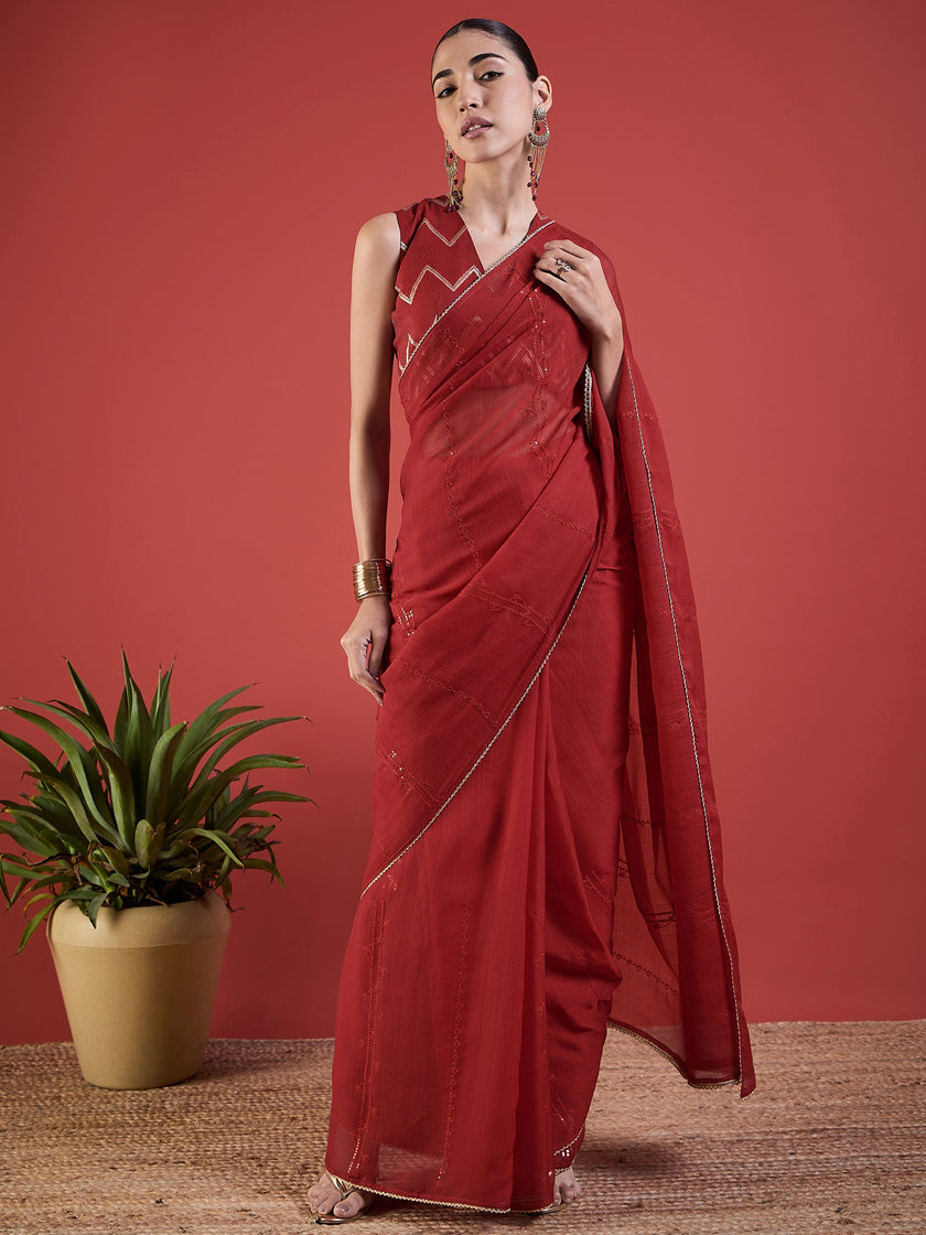 Red Pure Chiffon Sequence Embroidery With Embellished Lace Saree with Unstitched Fancy Blouse
