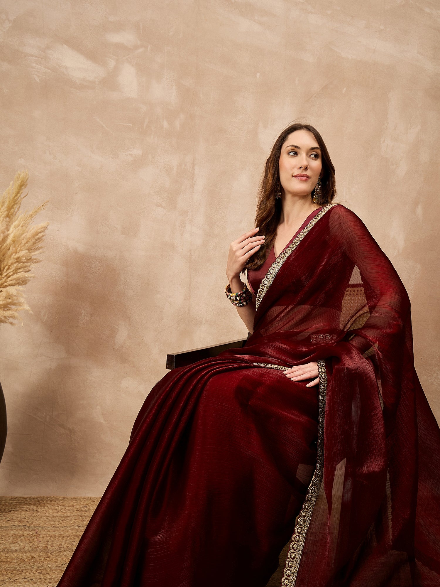Maroon Satin Solid with Coding Border Saree with Unstitched Blouse